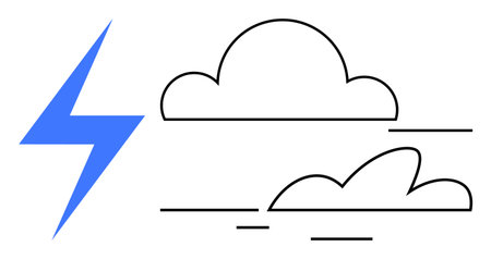 Blue lightning bolt beside clean-lined clouds in motion. Ideal for concepts of energy, weather,...