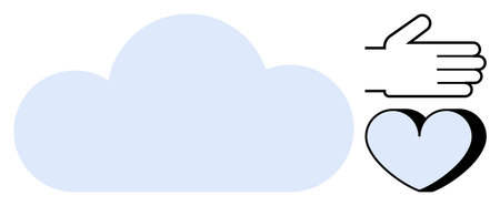 Cloud shape beside a hand and heart emphasizing connection, care, support, sharing, communication, technology, and teamwork. Ideal for community, kindness cloud computing and collaboration themesのイラスト素材