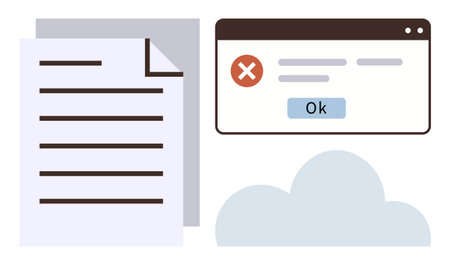 Document with lines, red error alert window with Ok button, and cloud. Ideal for data error, document management, cloud storage issue, file failure, automation glitch, software warning simple flatのイラスト素材