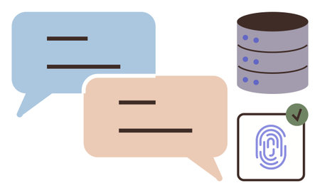 Speech bubbles symbolize communication, database represents data storage, fingerprint with checkmark...