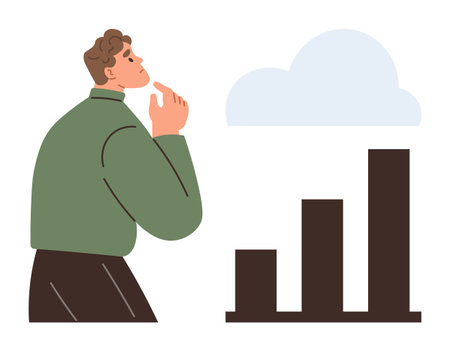 Thoughtful man analyzing increasing bar chart levels with a cloud overhead. Ideal for business strategy, growth, decision-making, planning, data analysis, innovation, leadership. Simple flat metaphorのイラスト素材