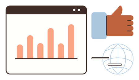 Bar chart in browser window, thumbs-up hand, globe with communication lines. Ideal for analytics, teamwork, global outreach, approval processes, success, data review simple flat metaphorのイラスト素材
