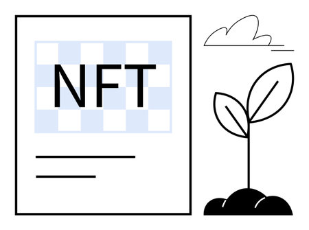 NFT design with digital asset detail next to a sprouting seedling, paired with clean modern shapes. Ideal for technology, blockchain, finance, sustainability, innovation, creativity, simple flatのイラスト素材
