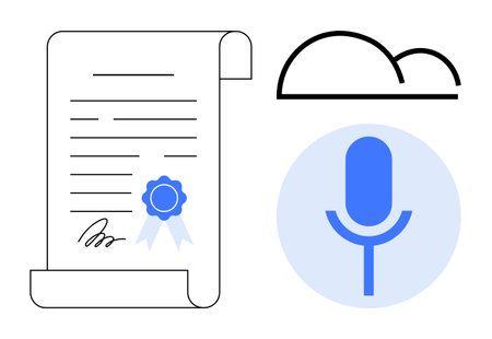 Certificate with seal of authenticity, cloud symbol, and voice recognition icon. Ideal for technology, innovation, authentication, education, cloud storage voice control digital tools. Simple flatのイラスト素材
