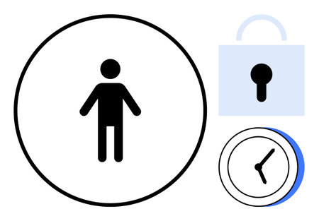 Human figure in a circle, padlock representing security, and clock showing time management. Ideal for privacy, security, time management, access control, personal data, organization simple flatのイラスト素材