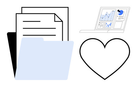 Stack of documents with folder, laptop displaying analytics, and heart icon symbolizing organization, insights, and passion. Ideal for productivity, analysis, creativity, teamwork wellnessのイラスト素材