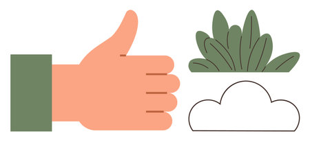 Hand showing thumbs-up sign alongside green foliage and a cloud outline. Ideal for sustainability, approval, eco-friendliness, climate awareness, environmental goals, optimism, and clean energyのイラスト素材