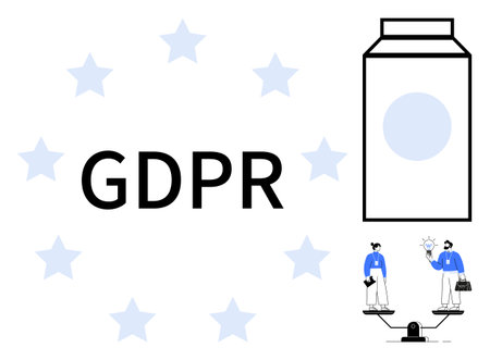 GDPR text encircled by stars, a milk carton symbolizing data, and two figures balancing scales. Ideal for compliance, privacy, security, digital rights, regulation governance awareness. Simple flatのイラスト素材
