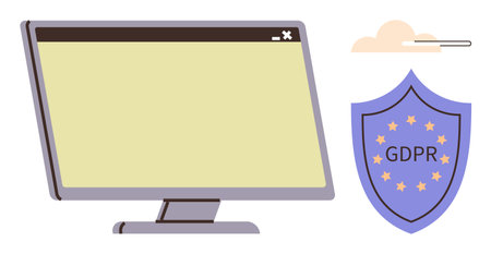 Monitor with blank screen paired with a GDPR compliance shield, emphasizing data protection. Ideal for security, privacy, compliance, technology, online safety, regulations modern design. Simpleのイラスト素材