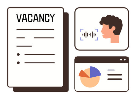 Job vacancy document, voice recognition tech analyzing speech, and performance charts. Ideal for recruitment, HR, analytics, tech innovation, employment communication career strategies. Simple flatのイラスト素材