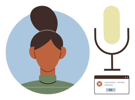 Woman with a top bun next to a microphone icon and error message window. Ideal for voice recognition, app failure, denied access, technology issues, digital communication, authentication, simple flatのイラスト素材