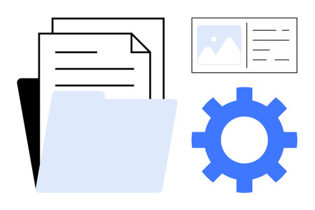Folder holding documents alongside gear symbol for configuration or system settings, small image and text preview. Ideal for workflow, organization, settings, technology, data, productivityのイラスト素材