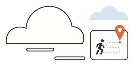 Cloud outline with a screen featuring a route map, human figure walking, and location pin. Ideal for navigation, cloud services, travel, goal setting, mobility connectivity journey planning. Simpleのイラスト素材
