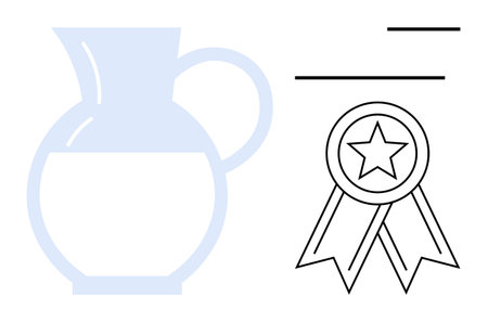 Minimalist blue water jug and award medal with ribbons and star, abstract lines for emphasis. Ideal for achievement, sustainability, rewards, recognition, quality, simplicity, and flat metaphorのイラスト素材