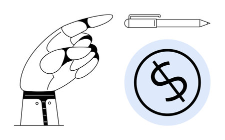 Robotic hand pointing towards a pen and dollar sign, emphasizing finance, innovation, decision-making, robotics, technology, progress, and education ideal for tech-finance themes, simple flatのイラスト素材