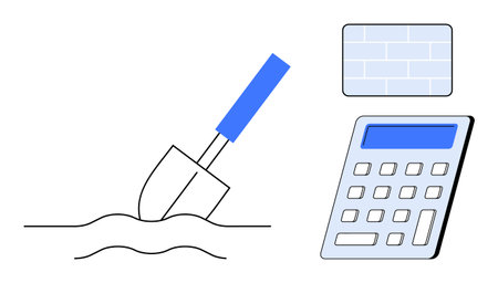 Trowel digging into ground beside calculator and brick diagram symbolizing construction, cost estimation, planning, budgeting, decision-making, real estate, and project development. A simple flatのイラスト素材