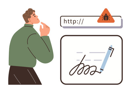 Thoughtful man analyzing malware warning above a URL bar and digital signature form. Ideal for cybersecurity, technology, online safety, digital fraud, privacy, secure authentication, and hacking. Aのイラスト素材