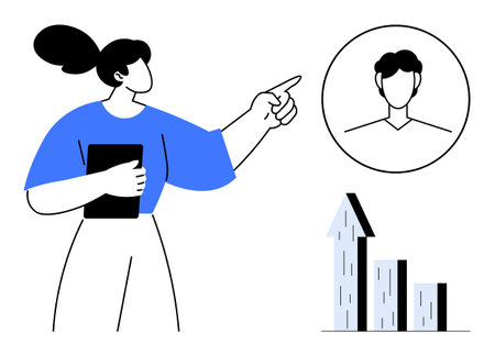 Woman holding tablet, pointing to portrait, and referencing bar graph with upward arrow. Ideal for teamwork, leadership, growth, business strategy, analysis, communication simple landing pageのイラスト素材