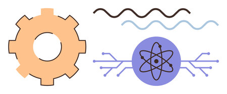 Gear cogwheel, atom symbol, and signal waves in minimalist style reflect technology, science, and innovation. Ideal for engineering, STEM, industry, research digitalization and creativity as simpleのイラスト素材