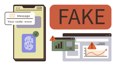 Mobile phone with fingerprint security, warning alerts on screens, and FAKE label. Ideal for cybersecurity, online safety, fraud prevention, scam detection, phishing awareness, secure authenticationのイラスト素材