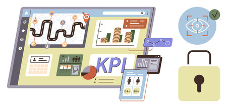 Digital dashboard featuring key performance indicators, financial growth charts, data analytics, and security lock. Ideal for business metrics, strategy, progress, security, productivity dataのイラスト素材