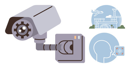 Security camera with articulated arm, airport terminal illustration, human face with voice analysis...