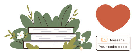 Books stacked amid green foliage and flowers, large red heart on the side, secure message code input box below. Ideal for education, love, security, communication, eco-living, romance simplicityのイラスト素材