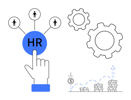 Hand pointing to HR, connected network icons, gears symbolizing processes, graph depicting financial growth. Ideal for HR automation, team management, strategy, growth, workflow planning simpleのイラスト素材
