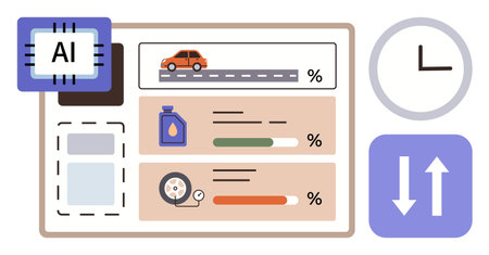 Dashboard showcasing AI analysis of car health, including oil level, tire health, and mileage. Ideal for maintenance management, technology, automotive repair, optimization, monitoring efficiencyのイラスト素材