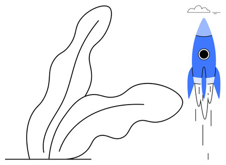 Blue rocket soaring upward with a trail of lines alongside organic green leaf shapes and a small cloud. Ideal for innovation, growth, success, startup, exploration, progress, potential. Simple flatのイラスト素材