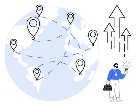 Globe with location pins connected by dashed lines, man holding lightbulb near rising arrows. Ideal for globalization, networking, innovation, teamwork, entrepreneurship, technology, future insightsのイラスト素材