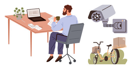 Man reviewing papers while seated at desk with laptop, plant, and coffee. Bicycle delivering packages and security camera observing activity. Ideal for workspace security, productivity, deliveryのイラスト素材
