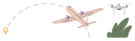 Airplane following a marked flight path with a location pin, accompanied by a hovering drone near...