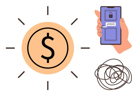 Hand holding smartphone with unlock app, dollar symbol icon surrounded by rays, abstract tangled line. Ideal for fintech, online payments, security, savings, strategy, problem-solving simple flatのイラスト素材