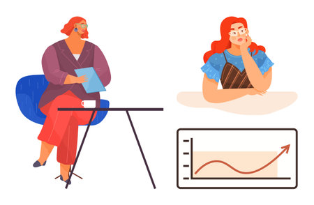 Professional woman reviewing documents at a desk, pondering growth with rising chart. Ideal for business, strategy, planning, analysis, career, decision-making entrepreneurship. Simple flat metaphorのイラスト素材