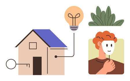 House with key illustration linked to light bulb and face mask held by person. Ideal for security, identity, innovation, privacy, creativity, self-discovery, abstract concepts. Simple flat metaphorのイラスト素材