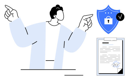 Person pointing towards a shield with a lock and a verification badge, accompanied by a clipboard with a signed document. Ideal for cybersecurity, trust, approval, contracts, privacy, consentのイラスト素材