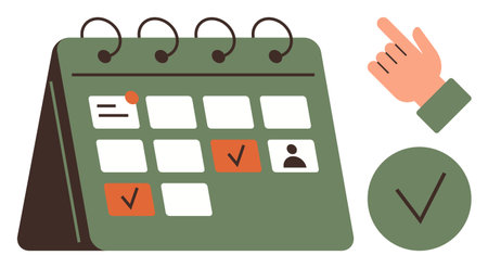 Calendar with scheduled events, checkmarks indicating completed tasks, profile icon, hand pointing, and a green tick. Ideal for planning, organization, scheduling, productivity reminders timeのイラスト素材