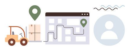 Forklift delivering boxes, location markers, and a navigation map emphasize logistics and delivery...
