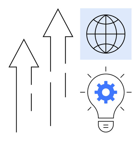 Three upward arrows, globe, light bulb with gear suggest growth, global connectivity, innovative mindset, technology, progress, success solutions creativity. Ideal for strategy innovation digitalのイラスト素材