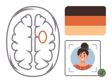 Brain scan with marked section, layered color palette, and facial recognition concepts. Ideal for neuroscience, identity verification, data analysis, mental health, research, human behavior simpleのイラスト素材