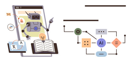 Robot performs AI language translation tasks via tablet, open textbook. Workflow diagram shows automation. Ideal for education, AI technology, innovation, data science, machine learning, translationのイラスト素材