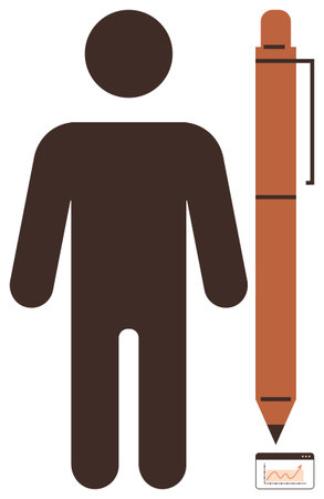 Human silhouette beside giant pen and a small analytics graph symbolizing productivity, creativity, and data-driven decisions. Ideal for business, teamwork, education, writing, analysis, innovationのイラスト素材