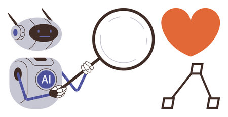 Robot with magnifying glass examining red heart and flowchart diagram. Ideal for artificial intelligence, decision-making, emotional intelligence, love, research, problem-solving, simple flatのイラスト素材