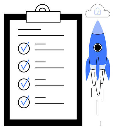 Clipboard checklist with finished tasks, blue rocket taking off, cloud security lock icon. Ideal for productivity, planning, achievement, innovation, data security, cloud storage startup successのイラスト素材
