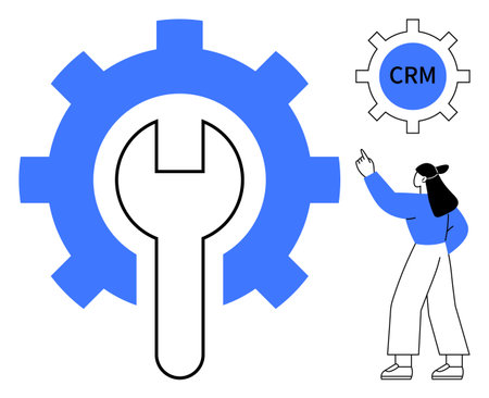 Large blue gear with a wrench inside, small CRM gear icon, woman pointing. Ideal for teamwork, technology, optimization, system setup, project management, business tools flat simple metaphorのイラスト素材
