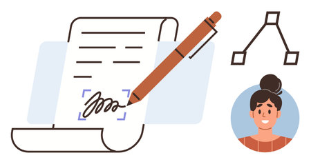 Document being signed with a pen, user avatar profile, and workflow diagram element. Ideal for contract management, e-signature, digital identity, workflow automation, personal branding, businessのイラスト素材