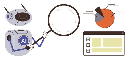 AI robot holding magnifying glass examines shaded pie chart and checklist window. Ideal for data analysis, automation, technology, artificial intelligence, research, decision-making, digitalのイラスト素材