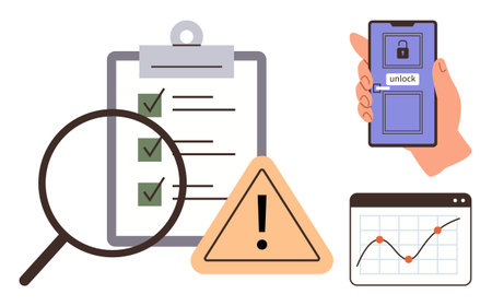 Clipboard checklist with magnifying glass, warning triangle, phone unlocking screen, and data graph. Ideal for productivity, risk analysis, security, project management, technology complianceのイラスト素材