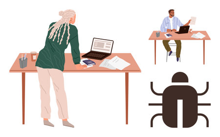 Professionals at desks reviewing files and discussing solutions, laptop screens open. Bug icon represents problem-solving. Ideal for teamwork, debugging, analysis, brainstorming, workplace, ITのイラスト素材
